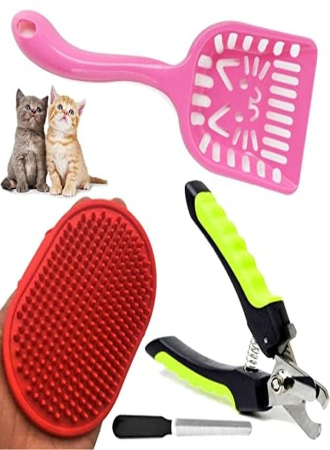 Sage Square Pet Grooming Set - Plastic Scooper with Long Handle + Pet Nail Cutter with Filer (Medium) + Pet Bath Brush Grooming Comb with Adjustable Ring for Dogs & Puppy - Combo of 3 (Random) - Image 1